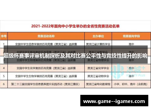 超级杯赛事评审机制探析及其对比赛公平性与竞技性提升的影响 超级杯赛事评审机制探析及其对比赛公平性与竞技性提升的影响
