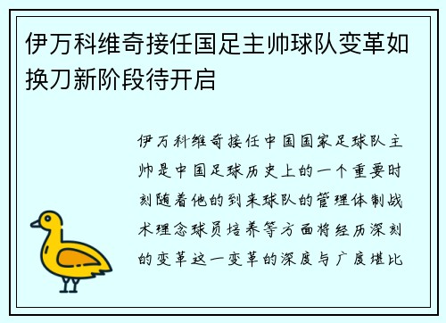 伊万科维奇接任国足主帅球队变革如换刀新阶段待开启